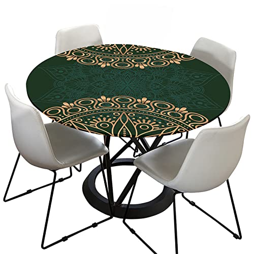 FANSU 3D Mandala Runde Tischdecke Abwaschbar, Wasserdicht Elastische Lotuseffekt Tischdecken Fleckschutz Abwischbar Tischtuch für Küchentisch Garten (Dunkelgrünes Mandala,Durchmesser 170cm) von FANSU