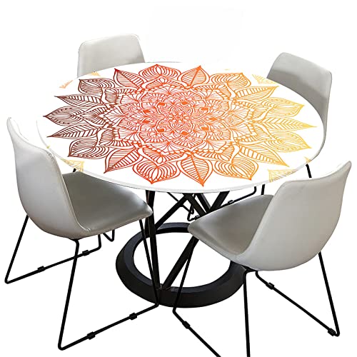 FANSU 3D Mandala Runde Tischdecke Abwaschbar, Wasserdicht Elastische Lotuseffekt Tischdecken Fleckschutz Abwischbar Tischtuch für Küchentisch Garten (Orange goldene Blätter,Durchmesser 120cm) von FANSU