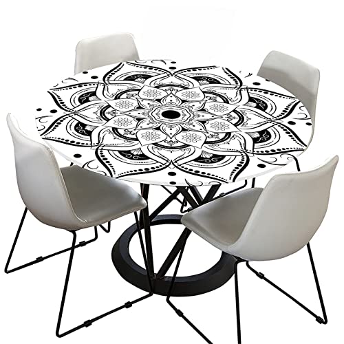 FANSU 3D Mandala Runde Tischdecke Abwaschbar, Wasserdicht Elastische Lotuseffekt Tischdecken Fleckschutz Abwischbar Tischtuch für Küchentisch Garten (Schwarze Lotusblüte,Durchmesser 110cm) von FANSU