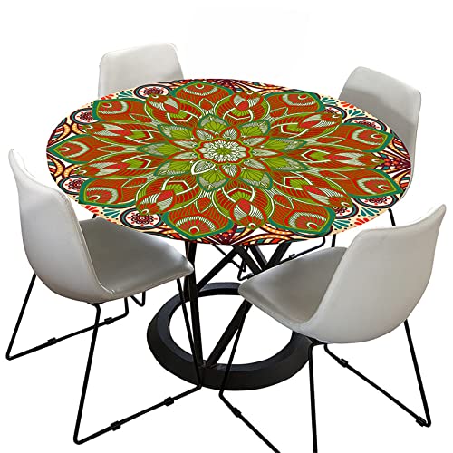 FANSU 3D Mandala Runde Tischdecke Elastisch Abwaschbar für Draußen Rund Tischdecken Wasserdicht Tischdecken Lotuseffekt Tischtuch für Outdoor Garten (Grünes Blatt,Durchmesser 110cm) von FANSU