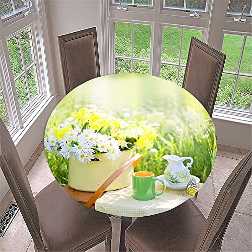 FANSU 3D Runde Tischdecke Abwaschbar, Blumendruck Elastische Gartentischdecke Fleckschutz Tischdecken Abwischbar Wasserdicht Tischtuch für Küchentisch (Gänseblümchen Garten,Durchmesser 130cm) von FANSU