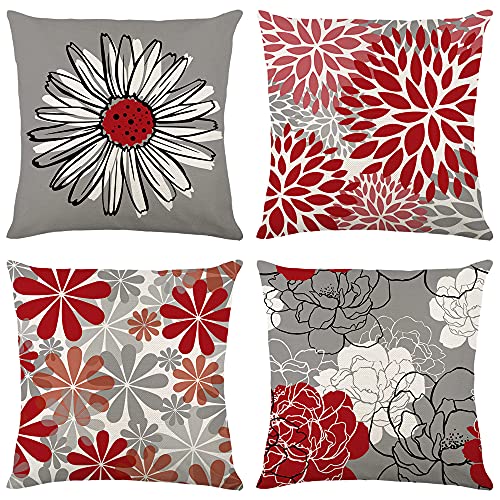 FANSU 4er Set Outdoor Wasserdicht Kissenbezüge Dekorative Kissenbezug 45x45cm, Elegante Blume Sofakissen Dekokissen Kissenhülle Polyester Zierkissenbezug für Wohnzimmer Sofa Außen Bank (Rot) von FANSU