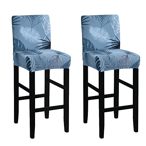 FANSU Barhocker Stuhlhussen mit Rückenlehne, Stretch Stuhlbezug Esszimmerstuhlbezüge Sitzbezug Abnehmbar Waschbar für Küchen Hochstühle Barhocker Höhenverstellbar (Blaue Blätter,2er Set) von FANSU