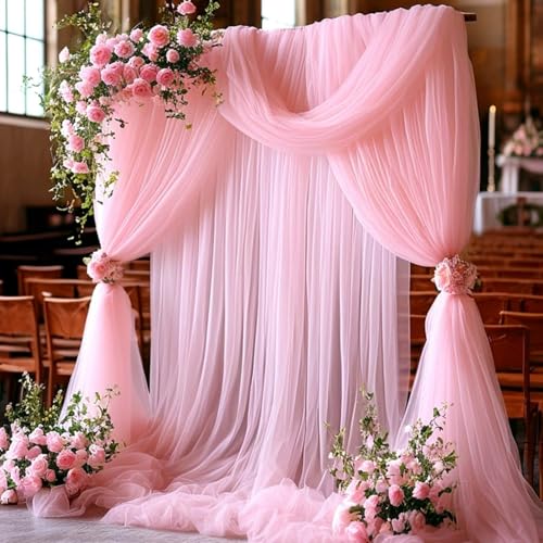 FANSU Chiffon Vorhang Hochzeit, Vorhang Hochzeitsbogen Querbehang Deko Gardine 2 Stück Freihanddeko Gardinen Chiffon Tüll Deko Tüll Dekostoff für Dekoration Torbogen (Hellrosa,1.6x1 M) von FANSU