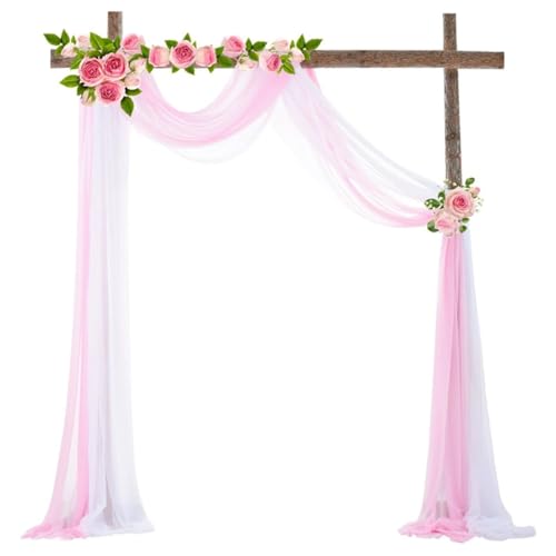 FANSU Chiffon Vorhang Hochzeit, Vorhang Hochzeitsbogen Querbehang Deko Gardine 2 Stück Freihanddeko Gardinen Chiffon Tüll Deko Tüll Dekostoff für Torbogen (Weiß + Rosa,75x550cm) von FANSU