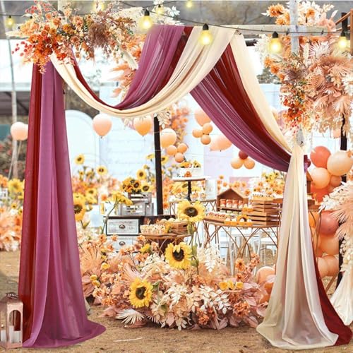 FANSU Chiffon Vorhang Hochzeit, Vorhang Hochzeitsbogen Querbehang Deko Gardine 3 Stück Freihanddeko Gardinen Chiffon Tüll Deko Tüll Dekostoff für Torbogen (Burgund + Lila,75x600cm) von FANSU