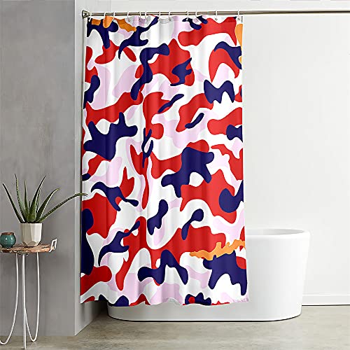 FANSU Duschvorhang 3D Drucken 100% Polyester Bad Vorhang Wasserdicht mit C-Form Kunststoff Haken mit 12 Ringe für Dusche und Badewanne (Tarnung rot,165x180cm) von FANSU