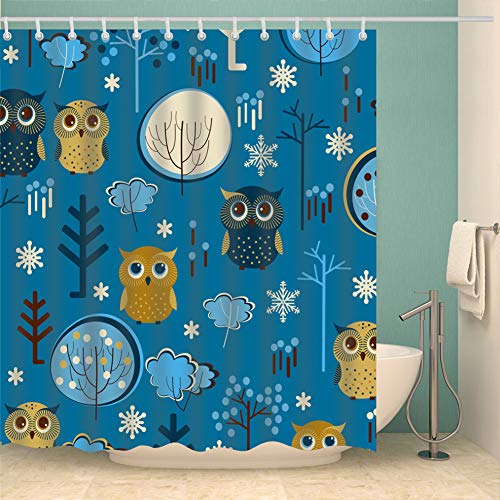 FANSU Duschvorhang Anti-Schimmel, 3D Drucken 100% Polyester Bad Vorhang Wasserdicht Anti-Bakteriell mit C-Form Kunststoff Haken mit 12 Ringe für Badzimmer (Blaue Eule,90x180cm) von FANSU