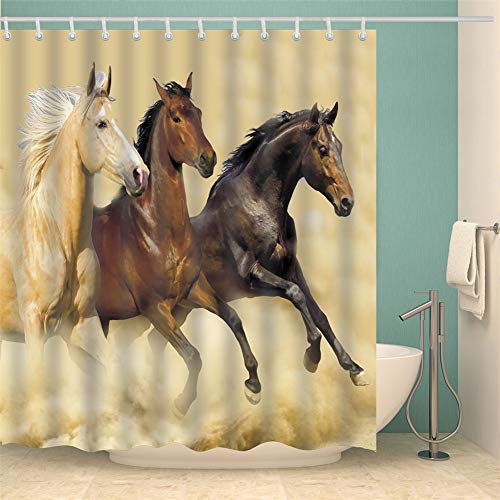 FANSU Duschvorhang Anti-Schimmel, 3D Drucken 100% Polyester Bad Vorhang Wasserdicht Anti-Bakteriell mit C-Form Kunststoff Haken mit 12 Ringe für Badzimmer (Braunes Pferd,180x180cm) von FANSU