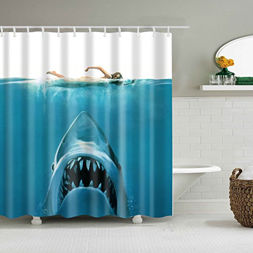 FANSU Duschvorhang Anti-Schimmel, 3D Drucken 100% Polyester Bad Vorhang Wasserdicht Anti-Bakteriell mit C-Form Kunststoff Haken mit 12 Ringe für Badzimmer (Hai,150x180cm) von FANSU