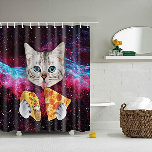 FANSU Duschvorhang Anti-Schimmel, 3D Drucken 100% Polyester Bad Vorhang Wasserdicht Anti-Bakteriell mit C-Form Kunststoff Haken mit 12 Ringe für Badzimmer (Pizza Katze,120x180cm) von FANSU