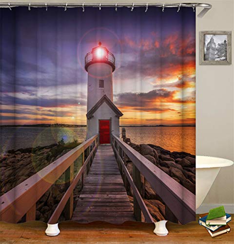 FANSU Duschvorhang Vorhang für Badzimmer Anti-Schimmel Wasserdicht Antibakteriell 3D Kokosnussbaum Drucken, 100% Polyester Transparent Karikatur mit 12 Duschvorhangringe (120x180cm,Leuchtturm) von FANSU