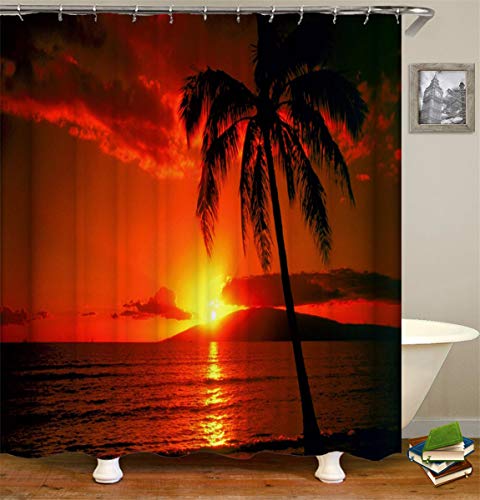 FANSU Duschvorhang Vorhang für Badzimmer Anti-Schimmel Wasserdicht Antibakteriell 3D Kokosnussbaum Drucken, 100% Polyester Transparent Karikatur mit 12 Duschvorhangringe (180x200cm,Sonnenuntergang) von FANSU
