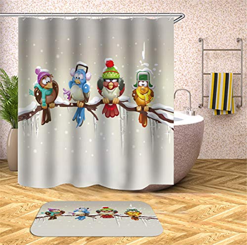 FANSU Duschvorhang Vorhang für Badzimmer Anti-Schimmel Wasserdicht Antibakteriell 3D Vogel Digital Drucken, 100% Polyester Transparent Karikatur mit 12 Duschvorhangringe (180x200cm,D) von FANSU