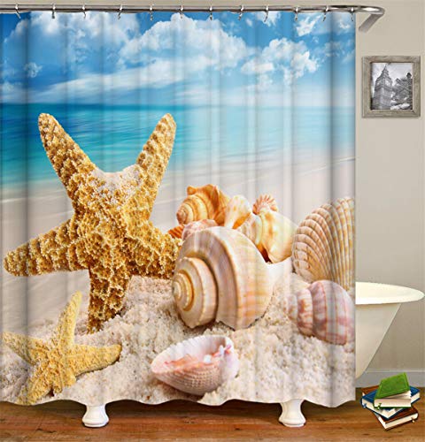 FANSU Duschvorhang Wasserdicht Anti-Schimmel Anti-Bakteriell, 3D Drucken 100% Polyester Bad Vorhang für Badzimmer mit C-Form Kunststoff Haken (120x180cm,Ozean Strand B) von FANSU