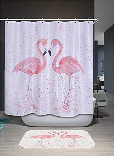 FANSU Duschvorhang Wasserdicht Anti-Schimmel Anti-Bakteriell, 3D Drucken 100% Polyester Bad Vorhang für Badzimmer mit C-Form Kunststoff Haken (165x180cm,Flamingo) von FANSU