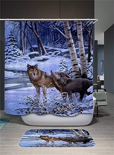 FANSU Duschvorhang Wasserdicht Anti-Schimmel Anti-Bakteriell, 3D Drucken 100% Polyester Bad Vorhang für Badzimmer mit C-Form Kunststoff Haken (180x200cm,Wolf) von FANSU