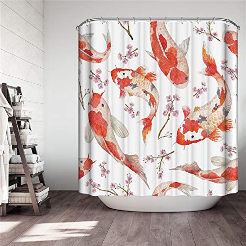 FANSU Duschvorhang Wasserdicht Anti-Schimmel Anti-Bakteriell, 3D Drucken 100% Polyester Bad Vorhang für Badzimmer mit C-Form Kunststoff Haken (Goldfisch,180x200cm) von FANSU