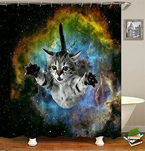 FANSU Duschvorhang Wasserdicht Anti-Schimmel Anti-Bakteriell, 3D Drucken 100% Polyester Bad Vorhang für Badzimmer mit C-Form Kunststoff Haken (Katze,180x180cm) von FANSU