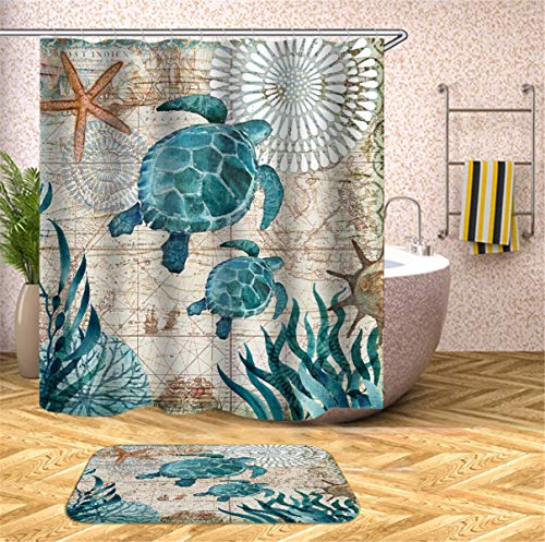 FANSU Duschvorhang Wasserdicht Anti-Schimmel Anti-Bakteriell, 3D Drucken 100% Polyester Bad Vorhang für Badzimmer mit C-Form Kunststoff Haken (Meeresschildkröte,90x180cm) von FANSU