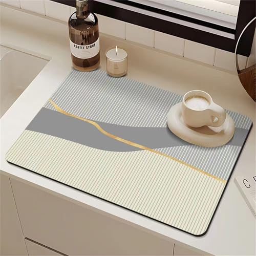 FANSU Einfach Stil Saugfähige Abtropfmatte Geschirr,Rutschfest Geschirrabtropfmatte Kaffeemaschine Unterlage Abtropfmatte Geschirr für Spüle Trockenmatte Küche Barmatte (Streifen,30x40cm) von FANSU