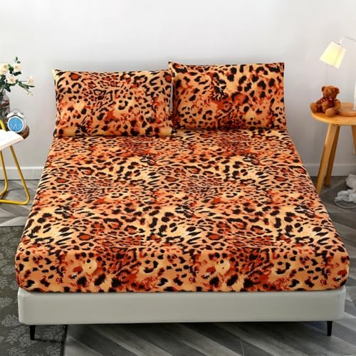 FANSU Einfarbig Spannbettlaken Bettlaken 30cm Mikrofaser Weiche Taschenlaken 3D-Muster Spannbetttuch mit 1/2 Kopfkissenbezügen für Einzelbett Doppelbett (Orange Leopard,200x200cm) von FANSU