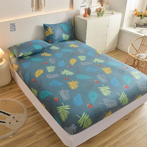 FANSU Einfarbig Spannbettlaken Bettlaken 30cm Mikrofaser Weiche Taschenlaken 3D-Muster Spannbetttuch mit 2 Kopfkissenbezügen für Einzelbett Doppelbett (Blaues Blatt,180x200cm) von FANSU