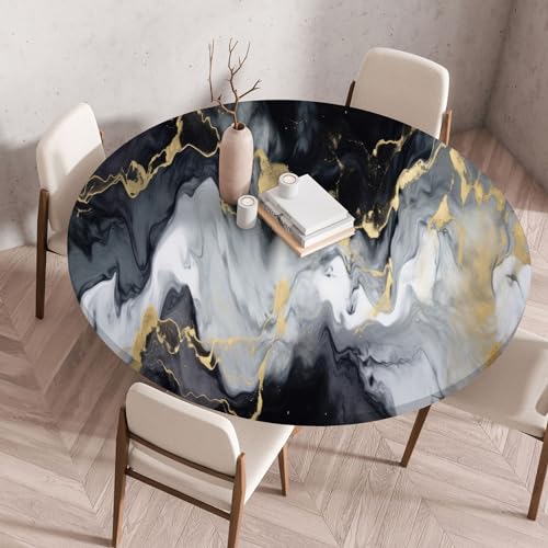 FANSU Elastisch Rund Gartentischdecke, Fleckschutz Tischdecke Outdoor Runde Tischtuch Abwischbare Dauerhaft Kratzfest Tischdecken für Küche Garten Restaurant (Black Texture,Durchmesser 130 cm) von FANSU