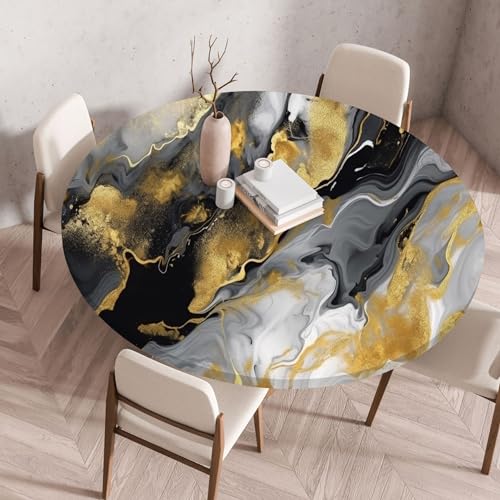 FANSU Elastisch Rund Gartentischdecke, Fleckschutz Tischdecke Outdoor Runde Tischtuch Abwischbare Dauerhaft Kratzfest Tischdecken für Küche Garten Restaurant (Black and Gold,Durchmesser 100 cm) von FANSU