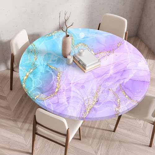 FANSU Elastisch Rund Gartentischdecke, Fleckschutz Tischdecke Outdoor Runde Tischtuch Abwischbare Dauerhaft Kratzfest Tischdecken für Küche Garten Restaurant (Blue-Purple,Durchmesser 110 cm) von FANSU