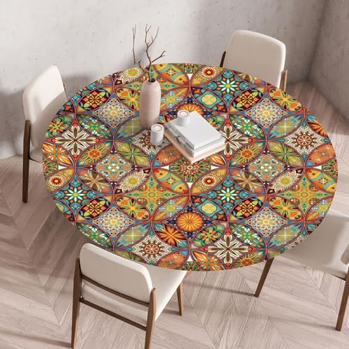 FANSU Elastisch Rund Gartentischdecke, Fleckschutz Tischdecke Outdoor Runde Tischtuch Abwischbare Dauerhaft Kratzfest Tischdecken für Küche Garten Restaurant (Exotische Blumen1,Durchmesser 60 cm) von FANSU