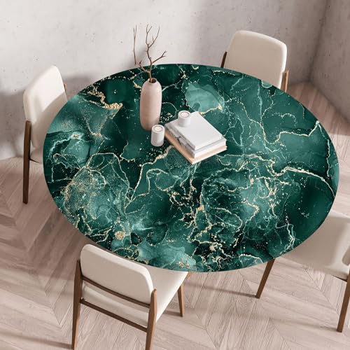 FANSU Elastisch Rund Gartentischdecke, Fleckschutz Tischdecke Outdoor Runde Tischtuch Abwischbare Dauerhaft Kratzfest Tischdecken für Küche Garten Restaurant (Grüner Marmor,Durchmesser 150cm) von FANSU