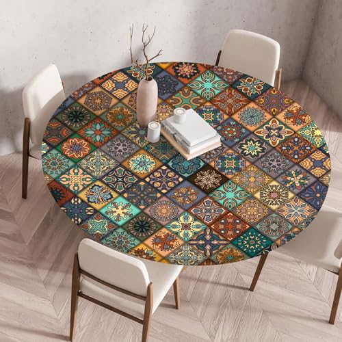 FANSU Elastisch Rund Gartentischdecke, Fleckschutz Tischdecke Outdoor Runde Tischtuch Abwischbare Dauerhaft Kratzfest Tischdecken für Küche Garten Restaurant (Karo Boho 2,Durchmesser 100 cm) von FANSU