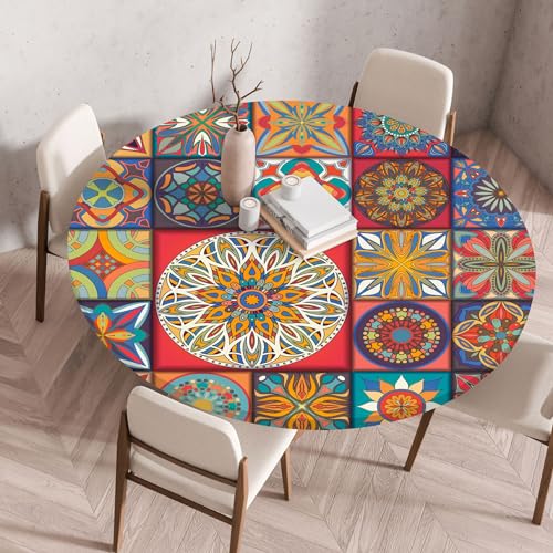 FANSU Elastisch Rund Gartentischdecke, Fleckschutz Tischdecke Outdoor Runde Tischtuch Abwischbare Dauerhaft Kratzfest Tischdecken für Küche Garten Restaurant (Karo Boho 9,Durchmesser 80 cm) von FANSU