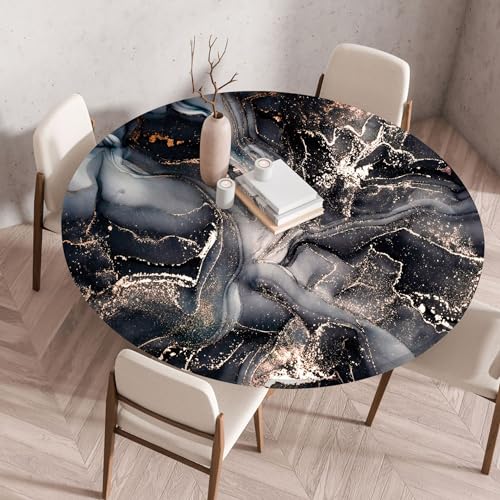 FANSU Elastisch Rund Gartentischdecke, Fleckschutz Tischdecke Outdoor Runde Tischtuch Abwischbare Dauerhaft Kratzfest Tischdecken für Küche Garten Restaurant (Schwarzer Marmor 1,Durchmesser 80 cm) von FANSU