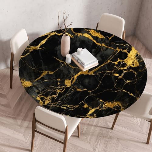 FANSU Elastisch Rund Gartentischdecke, Fleckschutz Tischdecke Outdoor Runde Tischtuch Abwischbare Dauerhaft Kratzfest Tischdecken für Küche Garten Restaurant (Schwarzer Marmor 6,Durchmesser 60 cm) von FANSU