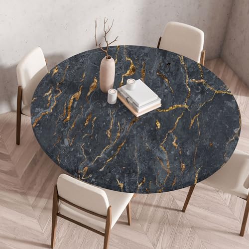 FANSU Elastisch Rund Gartentischdecke, Fleckschutz Tischdecke Outdoor Runde Tischtuch Abwischbare Dauerhaft Kratzfest Tischdecken für Küche Garten Restaurant (Schwarzer Marmor 8,Durchmesser 140 cm) von FANSU