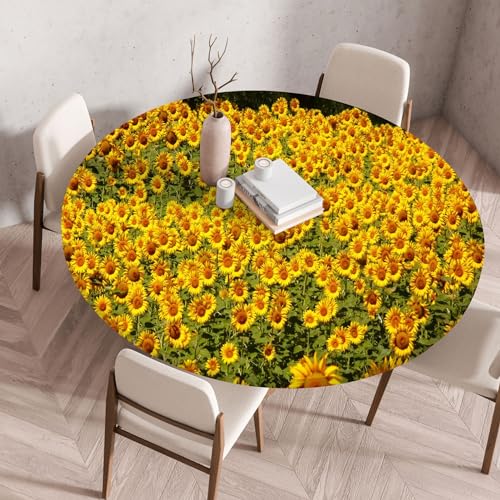 FANSU Elastisch Rund Gartentischdecke, Fleckschutz Tischdecke Outdoor Runde Tischtuch Abwischbare Dauerhaft Kratzfest Tischdecken für Küche Garten Restaurant (Sonnenblume 5,Durchmesser 120 cm) von FANSU