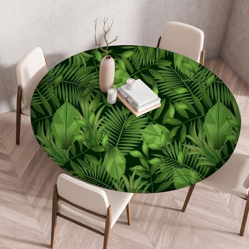 FANSU Elastisch Rund Gartentischdecke, Fleckschutz Tischdecke Outdoor Runde Tischtuch Abwischbare Dauerhaft Kratzfest Tischdecken für Küche Garten Restaurant (Tropische Blätter 3,Durchmesser 150cm) von FANSU