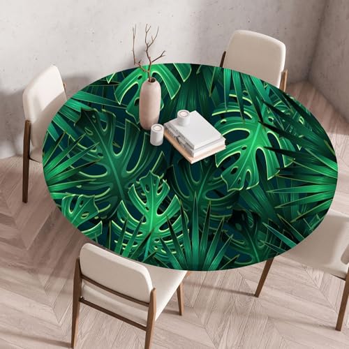 FANSU Elastisch Rund Gartentischdecke, Fleckschutz Tischdecke Outdoor Runde Tischtuch Abwischbare Dauerhaft Kratzfest Tischdecken für Küche Garten Restaurant (Tropische Blätter 6,Durchmesser 90cm) von FANSU