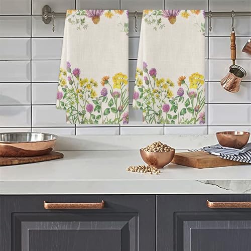 FANSU Geschirrtücher Küchenhandtuch 2 Stück, Pflanze Blumen Muster Geschirrtuch Saugfähig Küchentücher Fusselfrei Trockentücher Weiche Küchenhandtücher Küchentuch (60x40cm,Gelb Chrysantheme) von FANSU