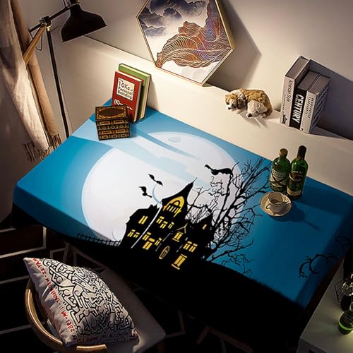FANSU Halloween Tischdecke PVC Outdoor Wetterfest, Gartentischdecke Abwaschbar Wischbare Tischtuch, Wasserdicht Tischwäsche für Wohnzimmer Garten Balkon (Schwarzes Schloss,120x120cm) von FANSU