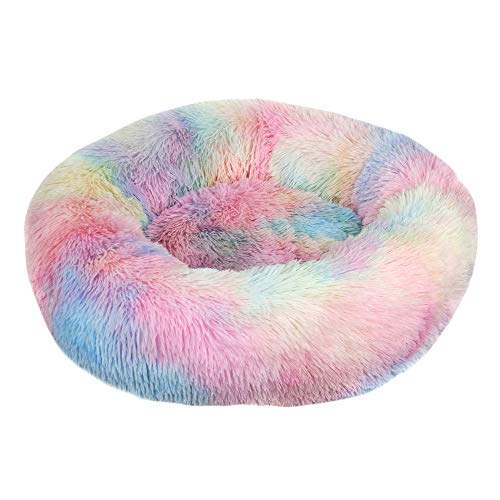 FANSU Hundebett rund Hundekissen Plüsch weichem Hundesofa rutschfest Base Katzenbett Donut Größe und Farbe wählbar (Tie-Dye-Regenbogen,80CM) von FANSU