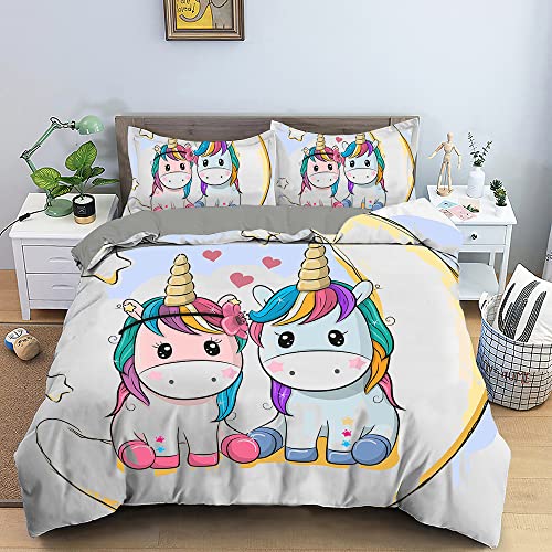 FANSU Kinder Bettwäsche Karikatur Bettwäsche Set - Weich Mikrofaser Bettbezug mit Reißverschluss Schließung + Kissenbezug 50x75 cm (135x200cm(2pcs),Süßes Einhorn) von FANSU