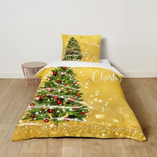 FANSU Kinder Bettwäsche Set 2 teilige Weihnachtsbaum Bedrucktes Bettbezug für Mädchen Jungen Weich Mikrofaser Bettbezug mit Reißverschluss und Passender Kissenbezug (100x135cm,Gold) von FANSU