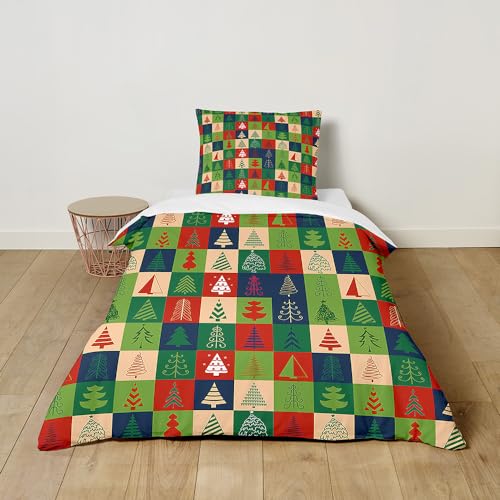 FANSU Kinder Bettwäsche Set 2 teilige Weihnachtsbaum Bedrucktes Bettbezug für Mädchen Jungen Weich Mikrofaser Bettbezug mit Reißverschluss und Passender Kissenbezug (135x200cm,Farbige Quadrate) von FANSU