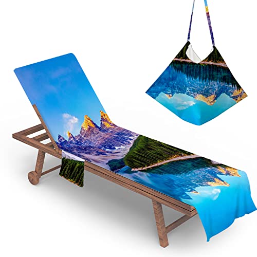 FANSU Landschaft Liegestuhl Handtuch mit Taschen, Strandtuch Strandliegenauflage Weich Badetuch Mikrofaser Pool Handtuch für Strand, Reisen, Schwimmen, Outdoor (75x210cm,Berg) von FANSU