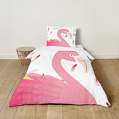 FANSU Mädchen Bettwäsche Set, 3D Nordischer Rosa Flamingo Muster Kinder Bettwäsche 2 Teilig mit Bettbezug und Kissenbezug, Sanft Microfaser Bettwäsche Set (Rosa Feder,135x200cm + 80x80cm) von FANSU