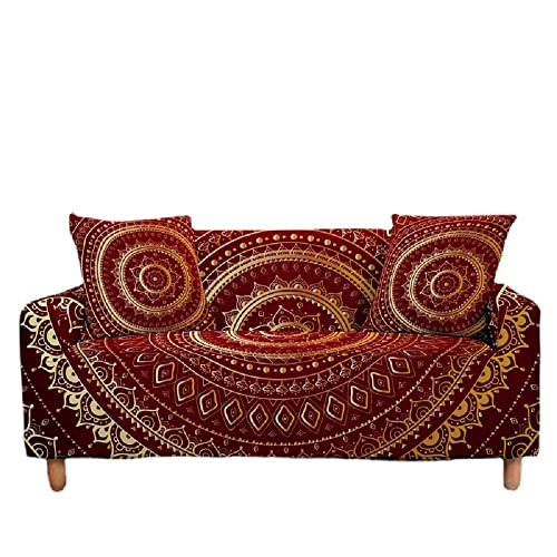 FANSU Mandala Sofabezug 1/2/3/4 Sitze, Rutschfester Waschbarer Sofa Überzug, All-Inclusive Elastischer Sofahusse mit Armlehne, Geeignet für Die Dekoration Von Wohnzimmern (Rot,3 Sitzer) von FANSU