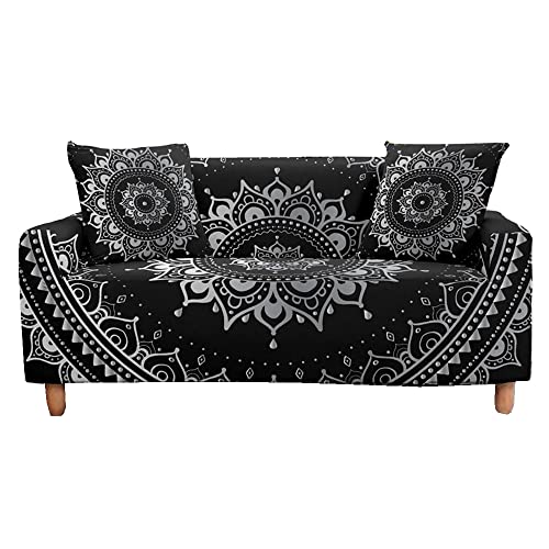 FANSU Mandala Sofabezug 1/2/3/4 Sitze, Rutschfester Waschbarer Sofa Überzug, All-Inclusive Elastischer Sofahusse mit Armlehne, Geeignet für Wohnzimmern, Schlafzimmern (Schwarz Mandala,4 Sitzer) von FANSU